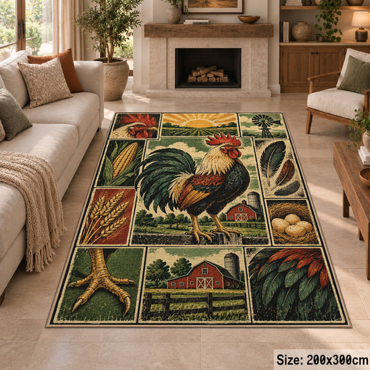 Rooster Farm Collage area rug shown in a sitting room