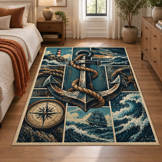 Maritime Anchor Compass Grid area rug shown in a bedroom