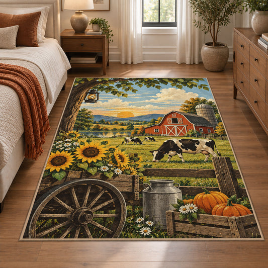 Sunflower Farm Wagon Scene area rug shown in a bedroom