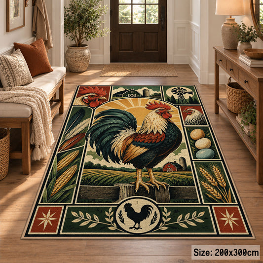 Rooster Country Emblem area rug shown in a entryway