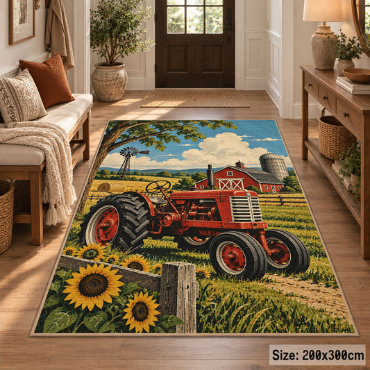 Red Tractor Sunflower Field area rug shown in a entryway