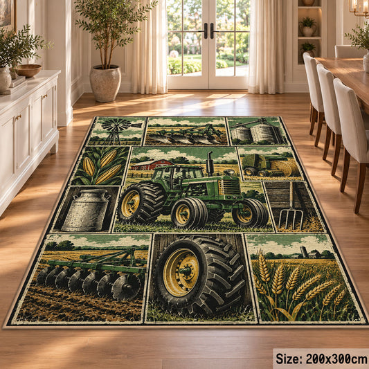 Green Tractor Harvest Grid area rug shown in a dining room