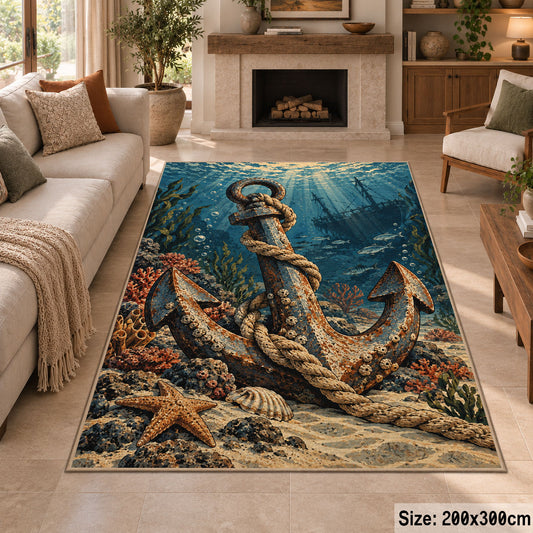 Coastal Anchor Rope Scene area rug shown in a sitting room