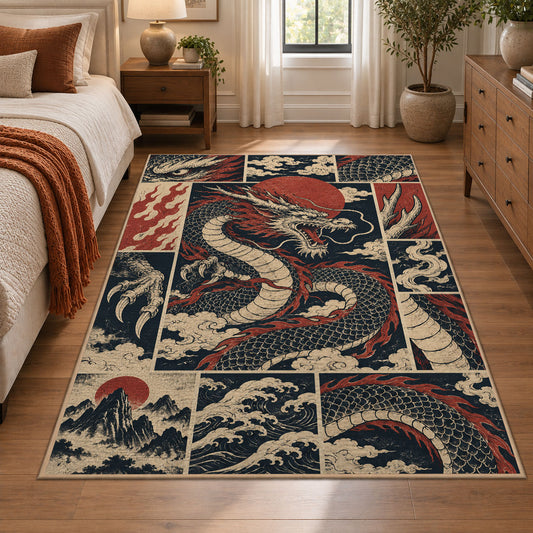 Dragon Mythology Collage area rug shown in a bedroom