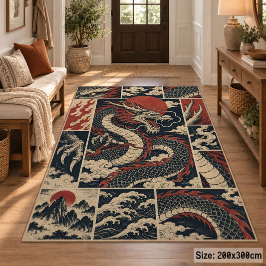 Dragon Mythology Collage area rug shown in a entryway