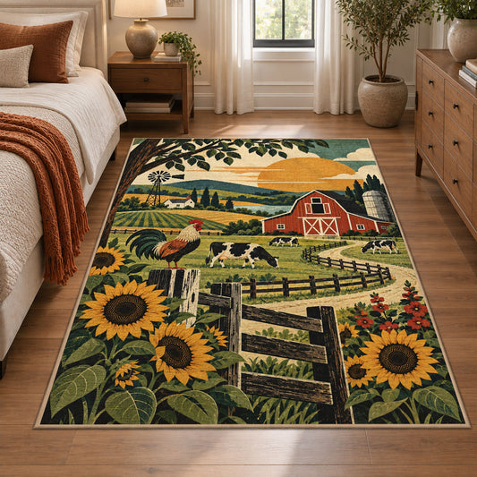Sunflower Countryside Farm area rug shown in a bedroom
