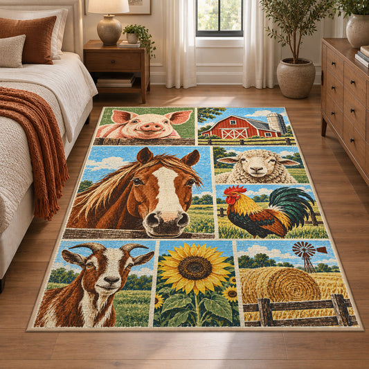 Farm Animals and Harvest Grid area rug shown in a bedroom
