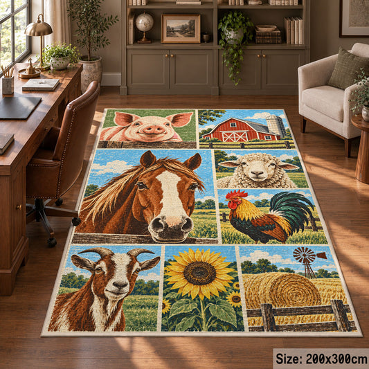 Farm Animals and Harvest Grid area rug shown in a home office