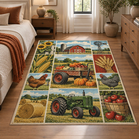 Harvest Barnyard Patchwork area rug shown in a bedroom