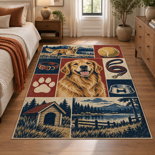Dog Portrait Country Grid area rug shown in a bedroom
