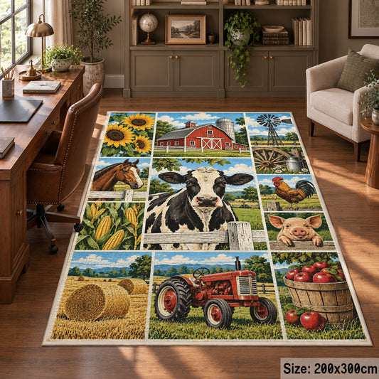 Cow Tractor Harvest Collage area rug shown in a home office