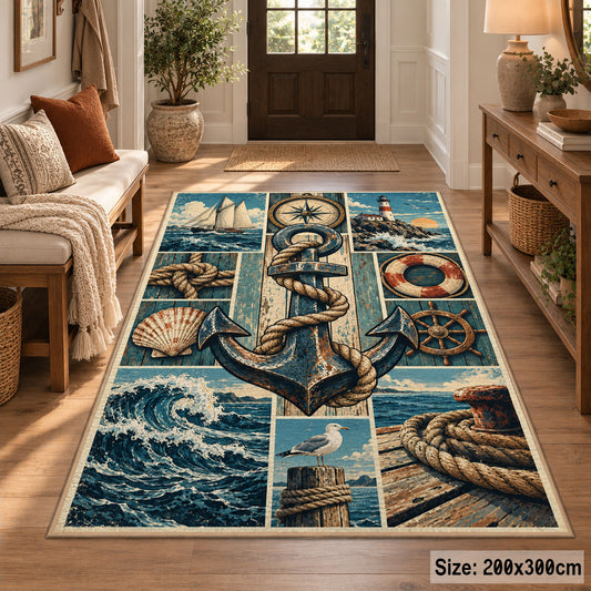 Ocean Anchor Maritime Grid area rug shown in a entryway