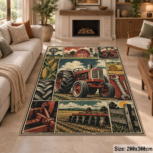 Red Tractor Farming Grid area rug shown in a sitting room