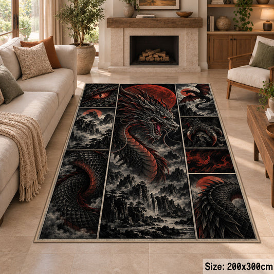 Dark Dragon Emblem Grid area rug shown in a sitting room