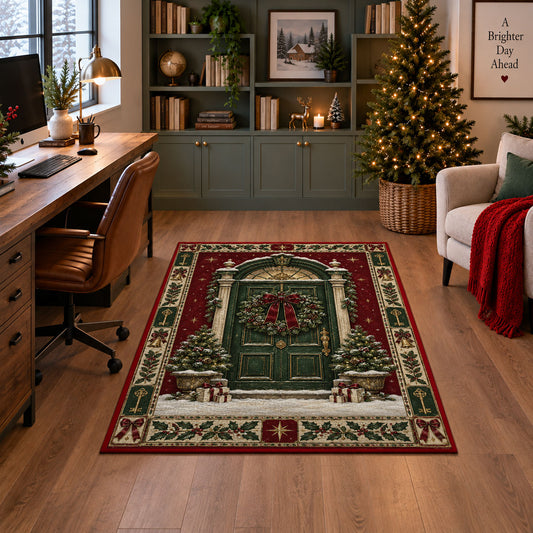 Wreath Front Door Christmas area rug in a home office with a Christmas tree