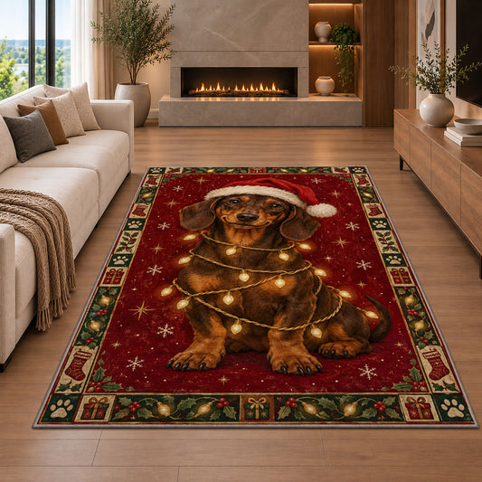 Dachshund in Santa Hat and Lights Christmas area rug in a living room with a fireplace