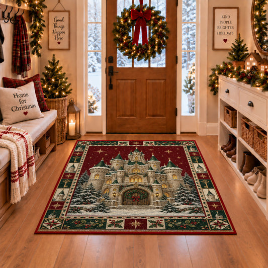 Snowy Fairytale Castle Christmas area rug in a Christmas-decorated entryway