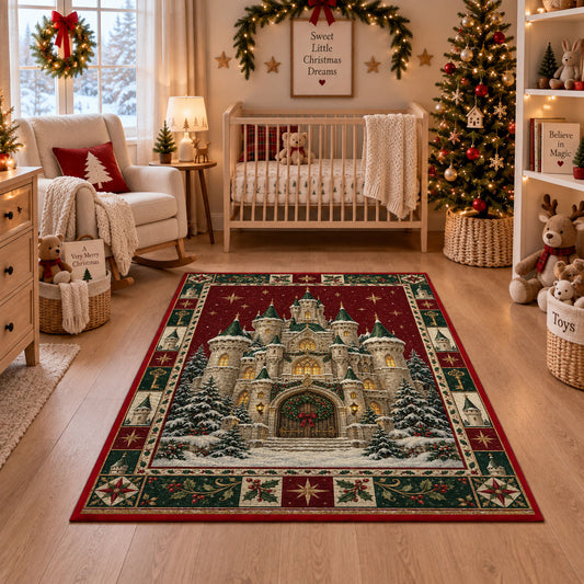 Snowy Fairytale Castle Christmas area rug in a nursery with a crib