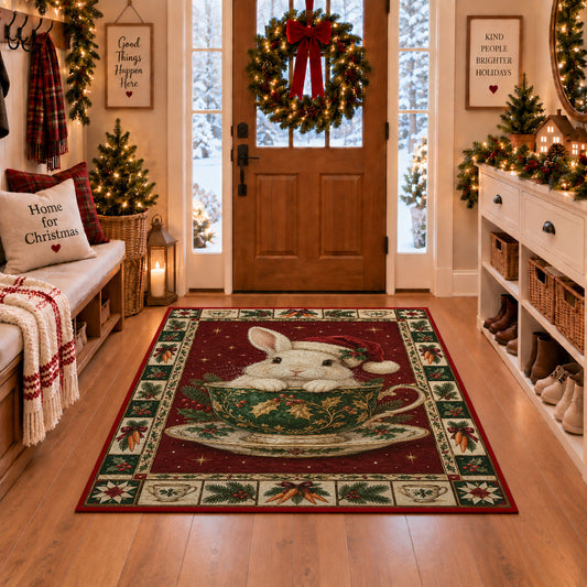 Bunny in Holly Teacup Christmas area rug in a Christmas-decorated entryway