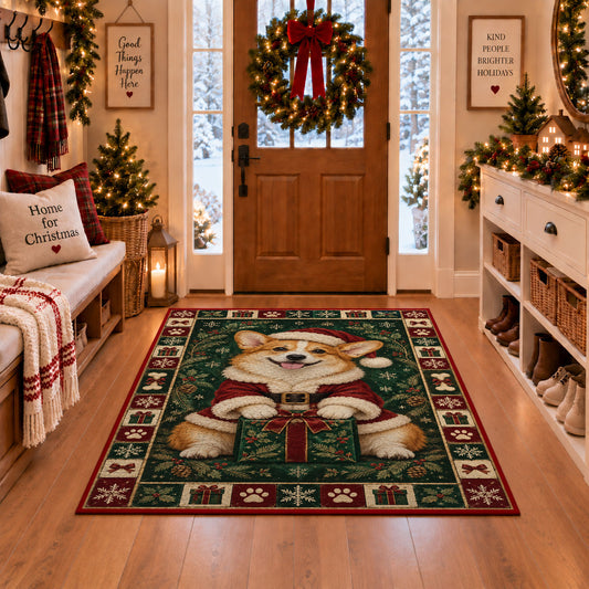 Corgi in Santa Coat Christmas area rug in a Christmas-decorated entryway