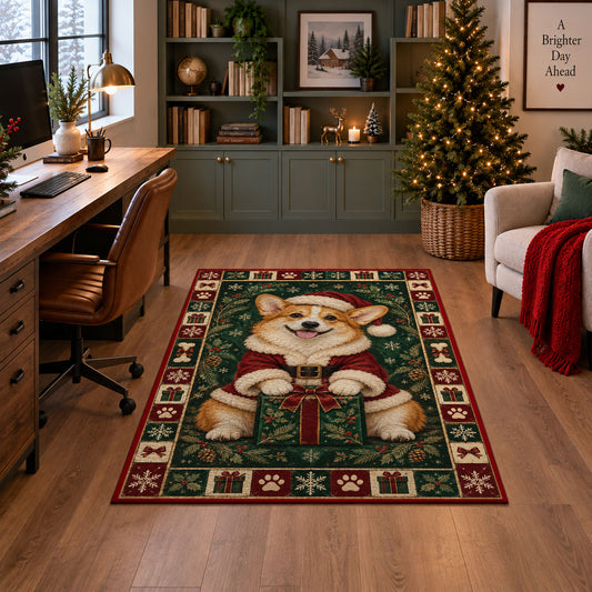Corgi in Santa Coat Christmas area rug in a home office with a Christmas tree