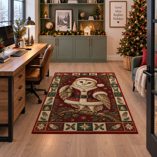 Barn Owl in Santa Coat Christmas area rug in a home office beside a desk