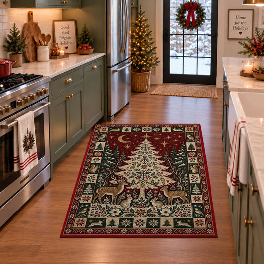 Woodland Christmas Tree with Deer Christmas area rug in a holiday kitchen
