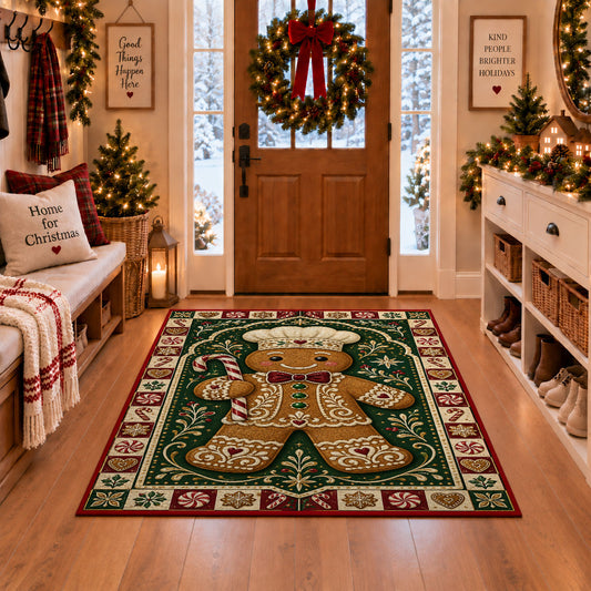 Gingerbread Baker Christmas area rug in a Christmas-decorated entryway