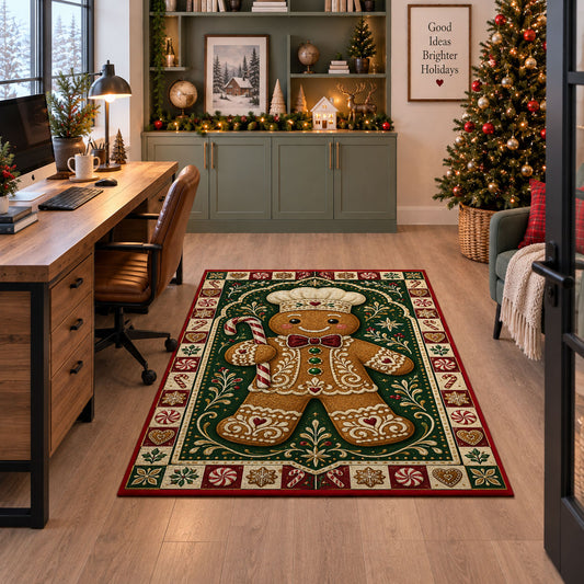 Gingerbread Baker Christmas area rug in a home office beside a desk