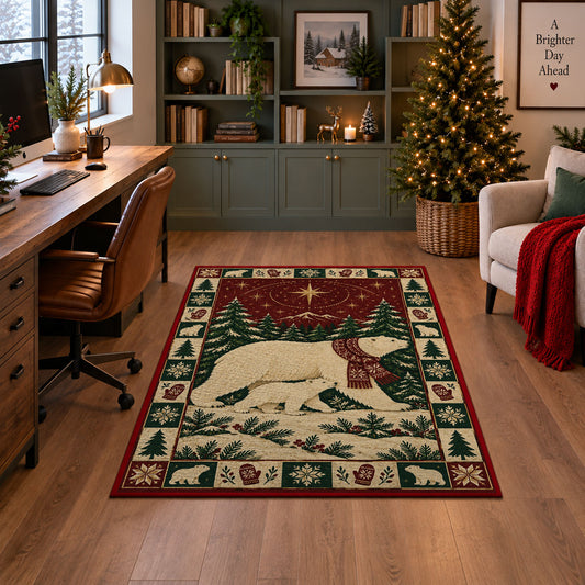 Polar Bear and Cub Christmas area rug in a home office with a Christmas tree