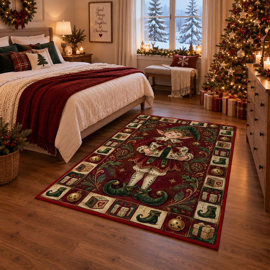 Christmas Elf with Gift Christmas area rug in a bedroom with festive decor