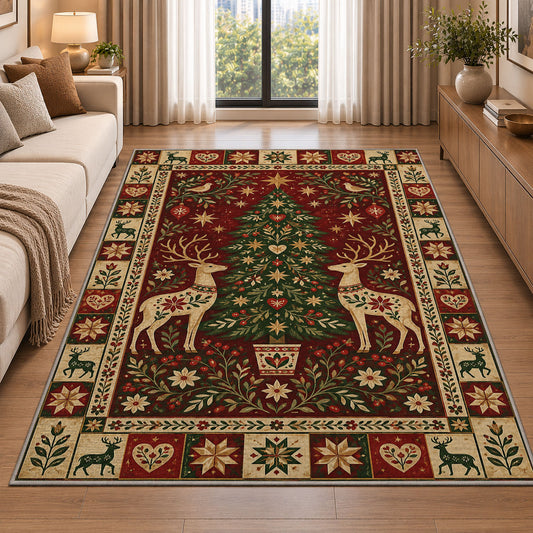 Reindeer and Christmas Tree Christmas area rug in a living room beside a sofa