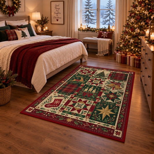 Patchwork Quilt Christmas area rug in a bedroom with festive decor