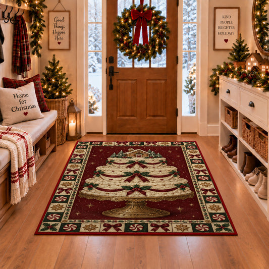 Christmas Layer Cake Christmas area rug in a Christmas-decorated entryway
