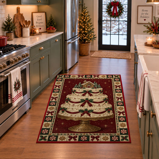 Christmas Layer Cake Christmas area rug in a holiday kitchen