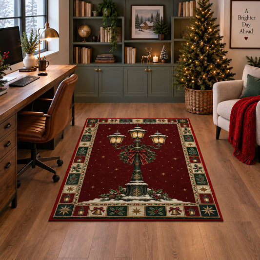 Snowy Lamp Post Christmas area rug in a home office with a Christmas tree