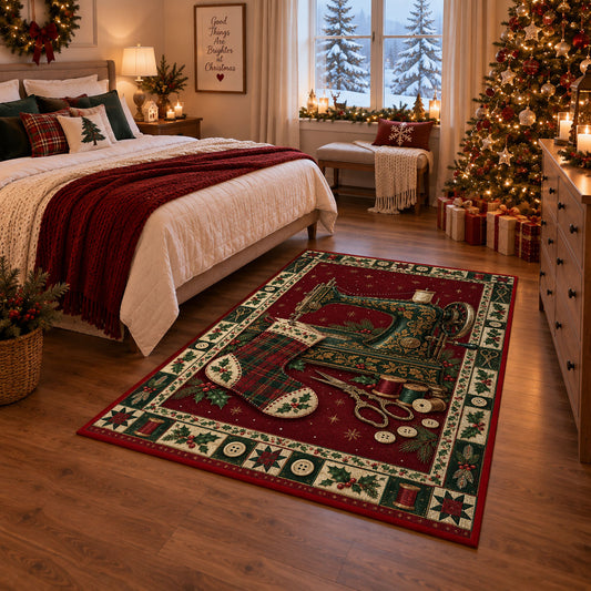Sewing Machine and Plaid Stocking Christmas area rug in a bedroom with festive decor