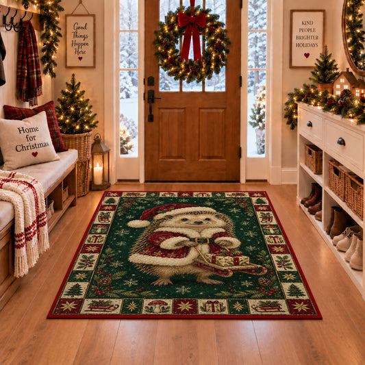 Hedgehog with Gift Sleigh Christmas area rug in a Christmas-decorated entryway