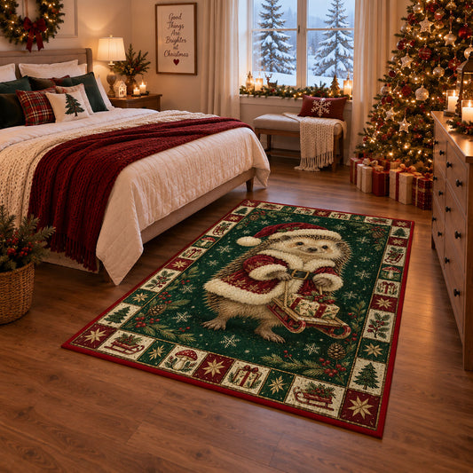 Hedgehog with Gift Sleigh Christmas area rug in a bedroom with festive decor