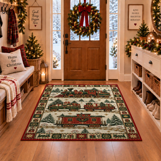 Christmas Toy Train Christmas area rug in a Christmas-decorated entryway
