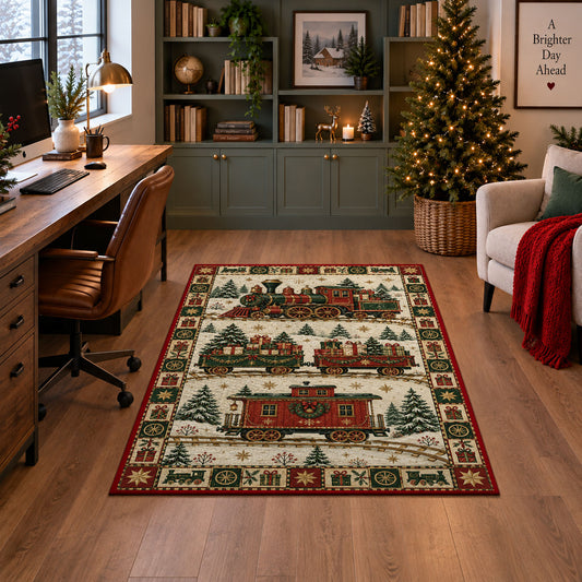 Christmas Toy Train Christmas area rug in a home office with a Christmas tree
