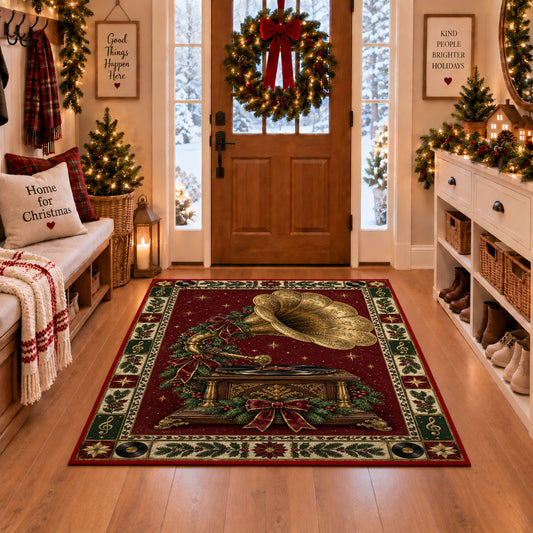 Gramophone with Holly Bow Christmas area rug in a Christmas-decorated entryway