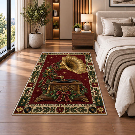 Gramophone with Holly Bow Christmas area rug in a bedroom beside the bed