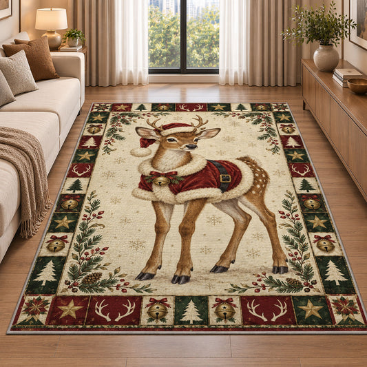 Fawn in Santa Cape Christmas area rug in a living room beside a sofa