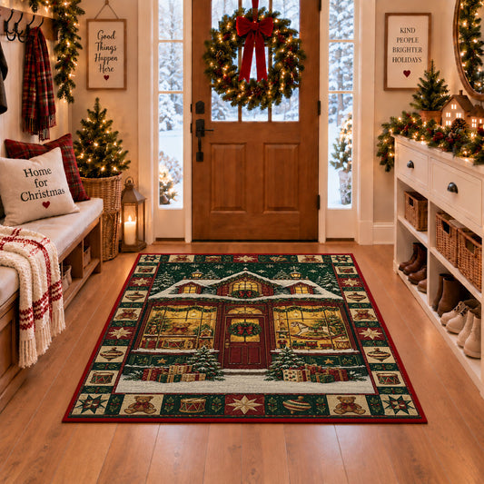 Toy Shop Window Christmas area rug in a Christmas-decorated entryway