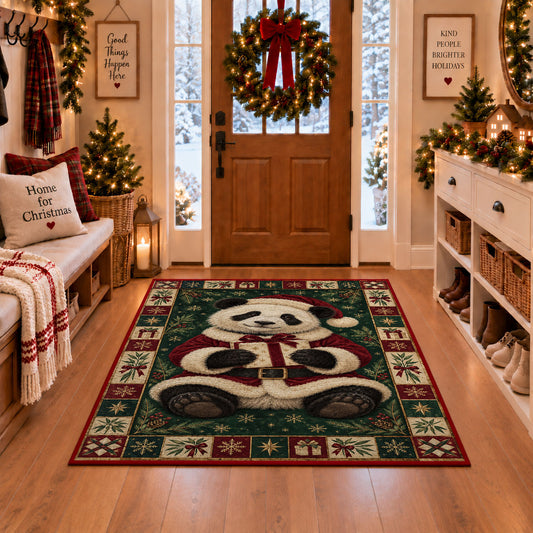 Panda in Santa Suit Christmas area rug in a Christmas-decorated entryway