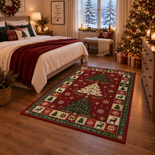 Folk Art Christmas Trees Christmas area rug in a bedroom with festive decor