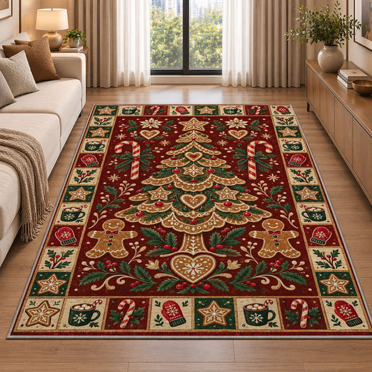 Gingerbread Christmas Tree Christmas area rug in a living room beside a sofa