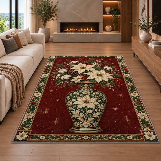 Poinsettia Porcelain Vase Christmas area rug in a living room with a fireplace