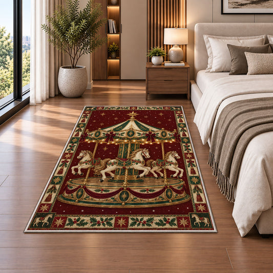 Golden Carousel with String Lights Christmas area rug in a bedroom beside the bed